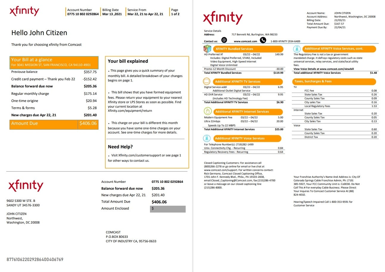 USA San Francisco Xfinity Comcast utility bill template in Word and PDF format (2 pages)
